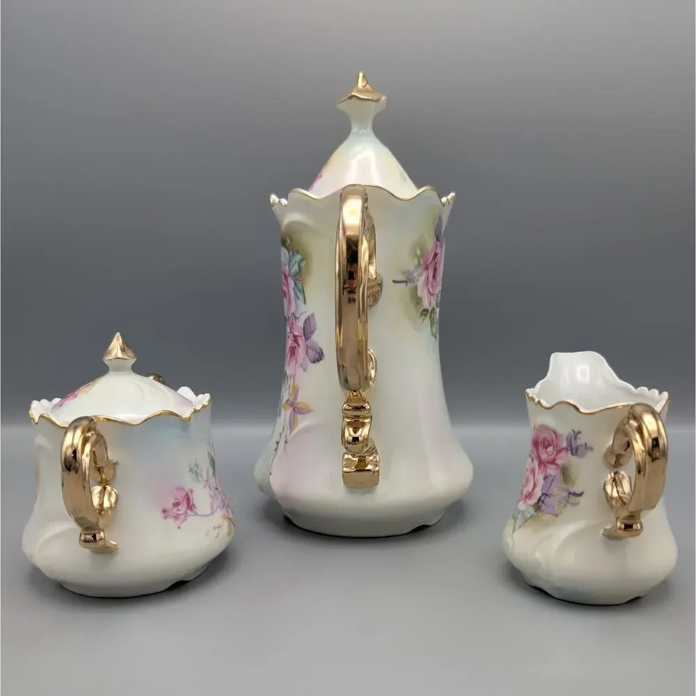 Vintage Lefton China Pink Rose Tea Set Teapot 6570 Sugar Creamer 6571 Gold Gilt